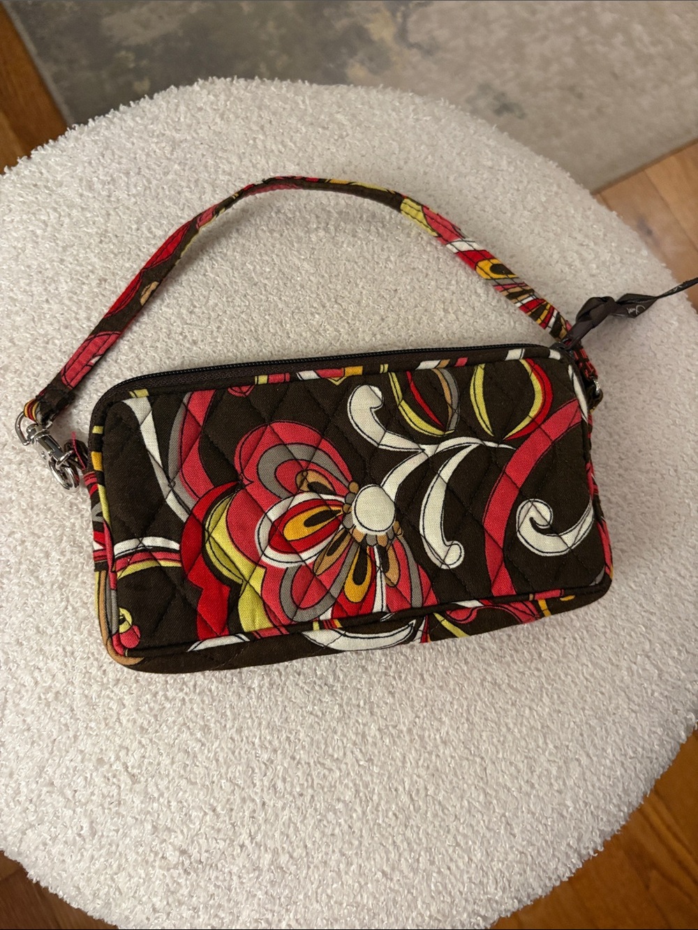Vera Bradley Brown Floral Quilted Wristlet with Red & Yellow Accents